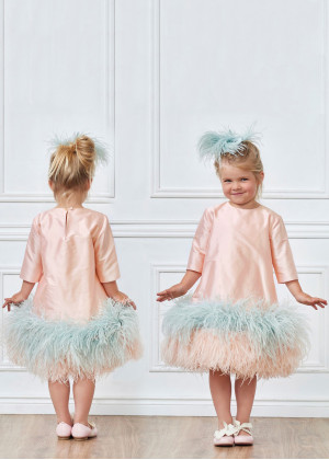 Pink Taffeta Tea Length Wedding Flower Girl Dress With Feathers